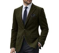 DRCUIVS Men's Herringbone Tweed Blazer Wool Blend Tailored Fit Single Breasted Two Button Suit Jacket Business, Olive Green, XXL