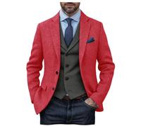 DRCUIVS Men's Herringbone Tweed Blazer Wool Blend Tailored Fit Single Breasted Two Button Suit Jacket Business, Red, L