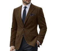 DRCUIVS Men's Herringbone Tweed Blazer Wool Blend Tailored Fit Single Breasted Two Button Suit Jacket Business, Brown, XL