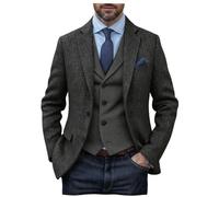 DRCUIVS Men's Herringbone Tweed Blazer Wool Blend Tailored Fit Single Breasted Two Button Suit Jacket Business, Charcoal Gray, 3XL