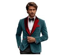 DRCUIVS Men's Velvet Blazer Contrast Shawl Lapel One Button Tailored Fit Tuxedo Jacket, Peacock Blue, L