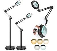 Drdefi 10X Magnifying Glass with Light and Stand, 3-in-1 Adjustable Swing Arm Magnifying Floor Lamp, 5 Color Modes Stepless Dimmable LED Lighted Magnifier Lamp with Clamp for Craft Reading Close Work