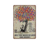 Dreacoss All You Need is Love and Book Tin Signs, Book Page Art, Book Lover Gift, Library Decor, Vintage Book Metal Sign Wall Decor Bar Club Funny Kitchen Retro Parlor Garage Gifts, 8X12inch