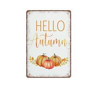 Dreacoss Hello Autumn Tin Signs, Fall Autumn Wall Art, Retro Funny Metal Sign Vintage Poster Wall Art for Kitchen Garden Bathroom Farm Home Coffee Decor Tin Sign, 20x30 cm