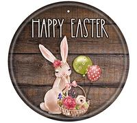 Dreacoss Round Door tin Sign， Happy Easter Faux Wood Bunny Happy Easter Sublimation Design for Design,Coffee bar, Living Room, Farm House, Wall Decoration, Round tin Sign 12x12 inches
