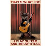 Dreacoss Rustic Retro Metal Tin Sign Black Cat Play Guitar And Know Things Print Poster Vintage Funny Garage Tin Sign Wall Plaque Poster For Home Wall Decor 12X8 Inch