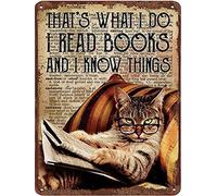 Dreacoss That's What I Do I Read Books And I Know Things Vintage Tin Sign Cat Lover Gift Funny Cat Decor Book Lover Gift Vintage Home Decor For Bedroom Classroom School Cafe Bar Club 5.5x8 Inch