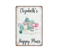 Dreacoss This Is My Happy Place Tin Signs Knitting Crochet Yarn Funny Vintage Metal Sign Plaqu Poster Wall Art Pub Bar Kitchen Garden Bathroom Home Decor, 140mm x 200mm