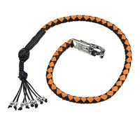 Dream Apparel 36" Motorcycle Get Back Whip Genuine Leather Biker Whip for Handlebar, Motorcycle Whip with Fringes and Skulls, Black and Orange