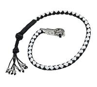 Dream Apparel 42" Motorcycle Get Back Whip Genuine Leather Biker Whip for Handlebar, Motorcycle Whip with Fringes and Skulls, Black and White