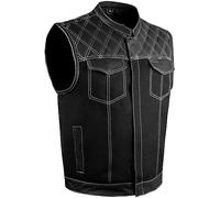 Dream Apparel Men's SOA Denim & Leather Motorcycle Vest for Riding w/ 2 Concealed Carry Pockets, Biker Vest Black Club Vest, Black Vest With White Thread, 48