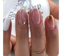 Dream Aurora 24Pcs French Tip Almond Press on Nails Kit with Gold Foil Design, Pink Acrylic False Nails, Glossy Stick on Nails for Women Girls
