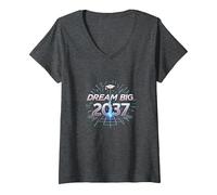 Dream Big 2037 Graduation Futuristic Celebration V-Neck T-Shirt, Women, Dark Heather Grey, L