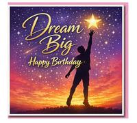 Dream Big Birthday Card - Inspirational Starry Night Design, Happy Birthday Greeting Card with Silhouette Reaching for a Star
