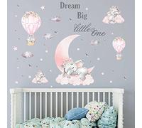 Dream Big Little One Elephant Wall Sticker Peel and Stick, Pink Moon Hot Air Balloon Wall Decal, Wall Decor Art Home Decoration for Baby Kids Nursery Daycare Playroom Classroom
