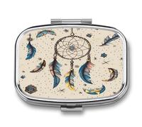 Dream Catcher and Moon Pill Organizer with 2 Compartments Metal Square Pill Case Small Pill Box Portable Medicine Box Slim Travel Pill Container Medicine Organizer for Daily Use
