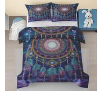 Dream Catcher Bedding Super King Size Boho Mandala Pattern Duvet Cover Sets 3 Pieces, Starry Sky Feather Soft Microfiber Bedding Quilt Cover 260x220 with Zipper Closure and 2 Pillowcases jSn389