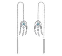 Dream Catcher Earrings 925 Sterling Silver Dreamcatcher Threader Earrings Turquoise Feather Long Chain Dangle Drop Pull Through Earrings Boho Jewellery Gift for Women