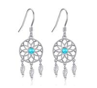 Dream Catcher Earrings, 925 Sterling Silver Turquoise Lotus Dream Catcher Earring Dangle Indian Dream Catcher Jewelry Protective Jewelry for Women Mother Sterling Silver No Gemstone