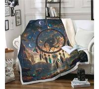 Dream Catcher Print Soft Cozy Sherpa Fleece Blanket for Girls Woman - Fantasy Style Fluffy Gray Blue Throw Single - 130x150 cm Jungle Thick Warm Blankets for Winter, Autumn, Bed, Sofa A235