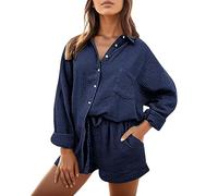 Dream Catcher Pyjamas Owl Women's Two Piece Outfits for Women, Shirt Sets, Long Sleeve, Oversized Shirts with Button Placket and Shorts, Two Piece Summer Sleepwear Women's Short, darkblue, L