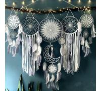Dream Catcher Wall Decor Set of 5 - Large Dream Catchers with Moon & Wolf Designs for Bedroom, Nursery, Wedding - Native American Indian Inspired Wall Hanging Decor for Boys, Girls, Adults