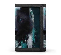Dream Catcher White Wolf Black Wolf Trifold Men's Wallets with 8 Card Slots & Key Hook Slim Travel Purse Money Clip