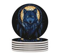 Dream-catcher Wolf Round Ceramic Coasters Non-Slip Cork Base Drinks Holder Craft 6PCS