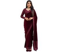 Dream Crushers Women Heavy Velvet Embroidery Border Saree With Embroidery work Blouse Piece, Red, One Size