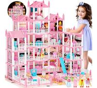 Dream Doll House for Girls with 5 Stories 19 Rooms, Dolls, Mat, LED Light, Furnitures, Accessories Toddler Dollhouse Gift for 3 4 5 6 7 8 9 10 Year Old Girls Toys