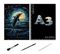 Dream Dolphin Scratch Art Set, 405 x 285 mm, DIY Glow-in-The-Dark Cartoon Night Scenery. an Ideal Birthday Gift for sons and Daughters who Love Drawing,Scratch Paper with Tool kit Included