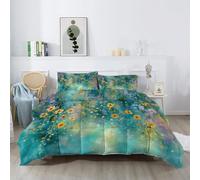 Dream Double Coverless Duvet, Washable All Seasons Warm Green Bedding Comforter Set 3 Piece with 2 Matching Pillowcase, 200 x 200 cm Watercolor Plants Flowers Reversible Lightweight Duvet