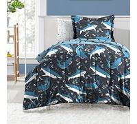 dream FACTORY Easy-Wash Super Soft Microfiber Comforter Bedding, Blue Sharks, Full