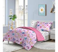 dream FACTORY Kids 5-Piece Complete Bed Set Easy-Wash Super Soft Microfiber Comforter Bedding, Twin, Lilac Balloon Hearts