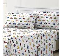 dream FACTORY Kids Sheet Set Lightweight Microfiber Bed Sheets Super Soft Easy Wash Cozy Bedding 10” Pocket - Full, Blue Trucks Tractors Cars