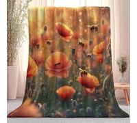 Dream Flowers Poppies Bees Flannel Plush Throw Blanket, Cozy Multicolor Decor Stuff Blanket - Gifts for Lover Girls Boys Kids Adults Women Bed Travel 130 x 150 cm