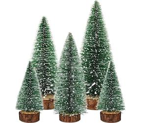 Dream Loom Artificial Mini Christmas Trees, A Set of 5pcs Miniature Sisal Frosted Christmas Trees Bottle Brush Trees for Xmas Home Tabletop Decor (Green)