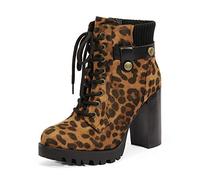 DREAM PAIRS Chunky Waterproof Ladies Boots Lace Up Side Zipper Black Platform Leather High Heels Ankle Boots for Women SCANDL,Size 3,Leopard,SCANDL