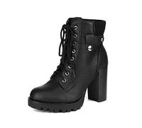 DREAM PAIRS Chunky Waterproof Ladies Boots Lace Up Side Zipper Black Platform Leather High Heels Ankle Boots for Women SCANDL,Size 7.5,Black,SCANDL