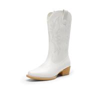 DREAM PAIRS Cowboy Boots for Women Cowgirl Western Mid Calf Boots Square Toe Embroidered Stitched Low Chunky Heel Pull On Fashion Boots DWUMMB2507 White Size 9 UK/11 US