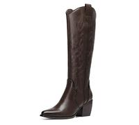 DREAM PAIRS Cowboy Boots for Women, Knee High, Comfortable Fashion Pull On Zipper Chunky Heel Pointed Toe Embroidered Boots, Size 8, Brown/Pu, SDKB224W