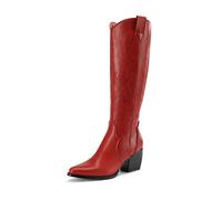 DREAM PAIRS Cowboy Boots for Women, Knee High, Comfortable Pull On Zipper Chunky Heel Pointed Toe Embroidered Boots, Size 9, Red, SDKB224W