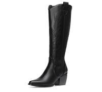 DREAM PAIRS Cowboy Boots,Western Cowgirl Boots for Women,Knee High Boots,Comfortable and Fashion Pull On Zipper Chunky Heel Pointed Toe Embroidered Boots,Size 6.5,Black/pu,SDKB224W