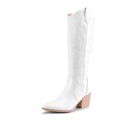 DREAM PAIRS Cowboy Boots,Western Cowgirl Boots for Women,Knee High Boots,Comfortable and Fashion Pull On Zipper Chunky Heel Pointed Toe Embroidered Boots,Size 7.5,White,SDKB224W