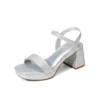 DREAM PAIRS Girls Chunky Heel Sandals,Silver-Glitter,13 Little Kid