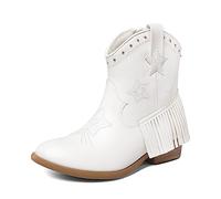 DREAM PAIRS Girls Cowgirl Cowboy Ankle Western Boots Side Zipper Riding Shoes with Tassel Little Kid/Big Kid,Size 2 Big Kid,White,SDBO2302K