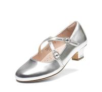 DREAM PAIRS Girls Dress Shoes Mary Jane High Heel Round Toe Straps Pumps Flower Wedding Party Princess Flats for Little/Big Kids,Size 4 Big Kid,Silver,KKUMFA2510