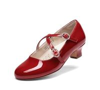 DREAM PAIRS Girls Dress Shoes Mary Jane High Heel Round Toe Straps Pumps Flower Wedding Party Princess Flats for Little/Big Kids,Size 3 Big Kid,Red,KKUMFA2510