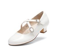 DREAM PAIRS Girls Dress Shoes Mary Jane High Heel Round Toe Straps Pumps Flower Wedding Party Princess Flats for Little/Big Kids,Size 5 Big Kid,White,KKUMFA2510