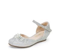 DREAM PAIRS Girls Dress Shoes Toddler Little Big Girls Heels Low Wedge Pumps with Pearls Rhinestone for Flower Girl Princess Wedding Party,Size 11 Little Kid,Silver-Glitter,SDFL2414K
